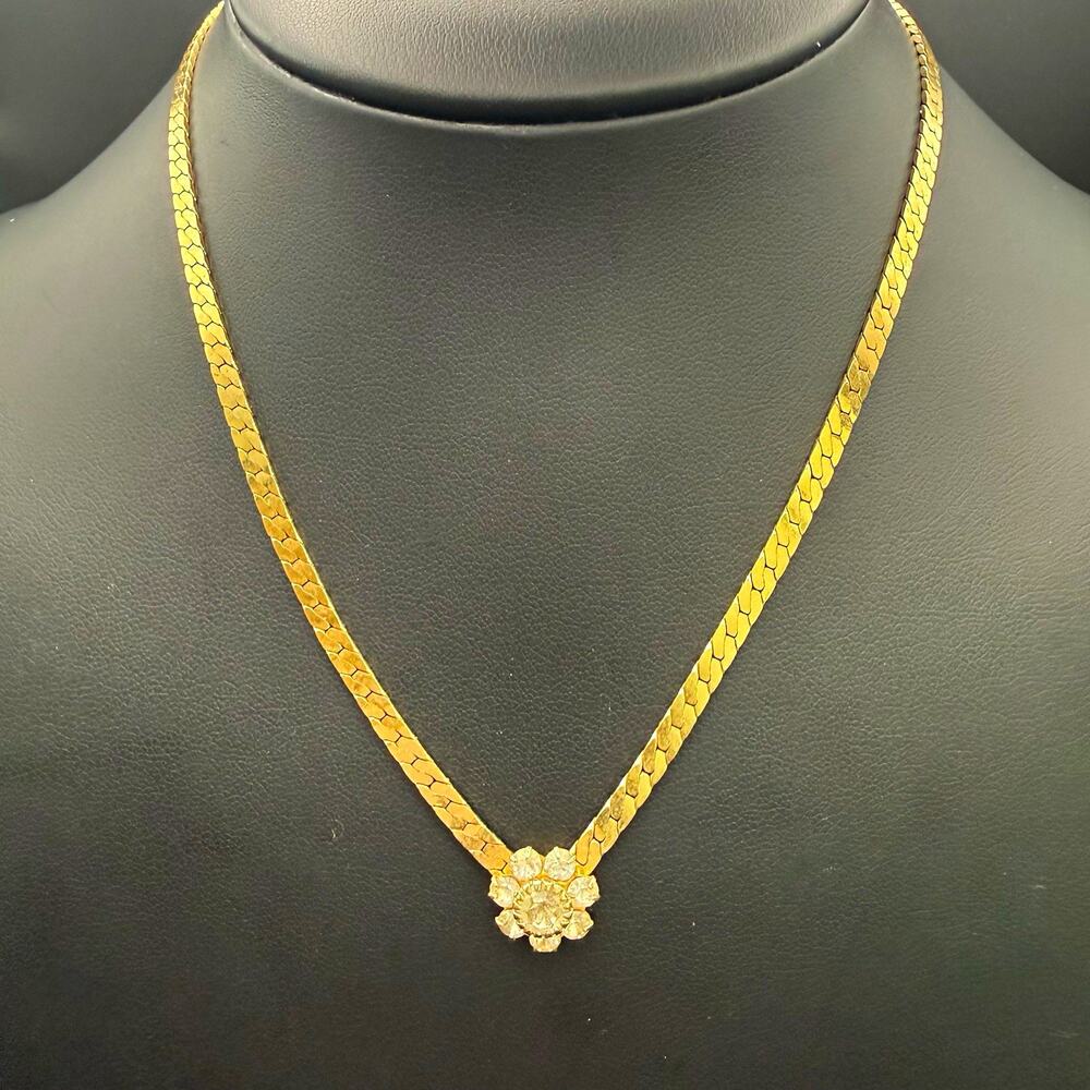 Park Lane Gold Tone Herringbone Chain Crystal Flower Charm Pendant Necklace